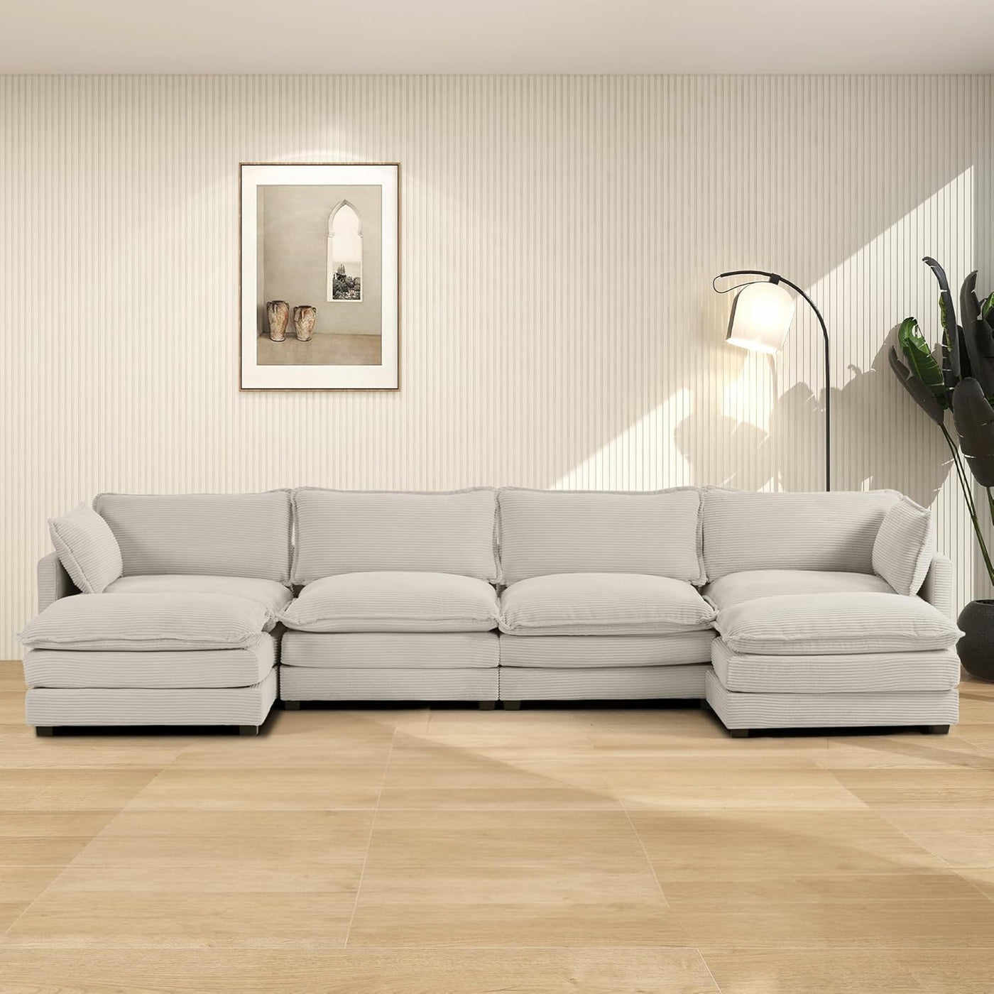 ROWHY Oversized Modular Sectional Sofa with Movable Ottoman, 112 Inch 4 Seat Modern Corduroy Sofa Set, Convertible L Shaped Couch for Living Room and Office, Beige